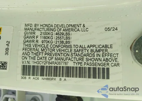 2024 Honda Accord Hybrid Touring from USA, damaged, VIN 1HGCY2F84RA067787